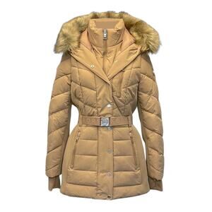 Michael Michael Kors Belted Puffer Faux Fur Trim Hooded Coat Jacket Camel M